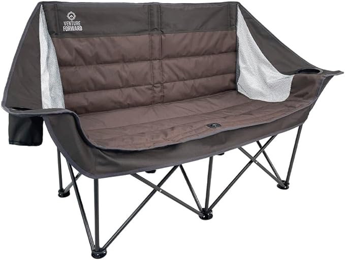 Doublewide Padded Sofa – Portable Outdoor Camping Sofa Chair for 2 High-Loft Cushioning Dual Cup &amp Wine Holders Mesh Storage Pocket &amp Carry Bag Durable 600D Fabric Steel Frame