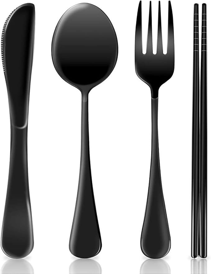 24 Pieces for 6 Persons Chopsticks and Forks Set Silverware Set Kitchen Utensils Set Cutlery Set Flatware Set Dishwasher Safe Mirror Effect for Picnic Camping Barbecue Black
