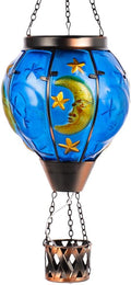 Moon Pattern Hot Air Balloon Solar Lantern with Flickering Flame  Hanging Outdoor Lantern Light Glass Waterproof Decor for Patio Porch Garden