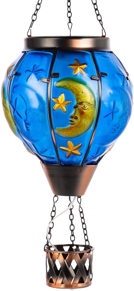 Moon Pattern Hot Air Balloon Solar Lantern with Flickering Flame  Hanging Outdoor Lantern Light Glass Waterproof Decor for Patio Porch Garden