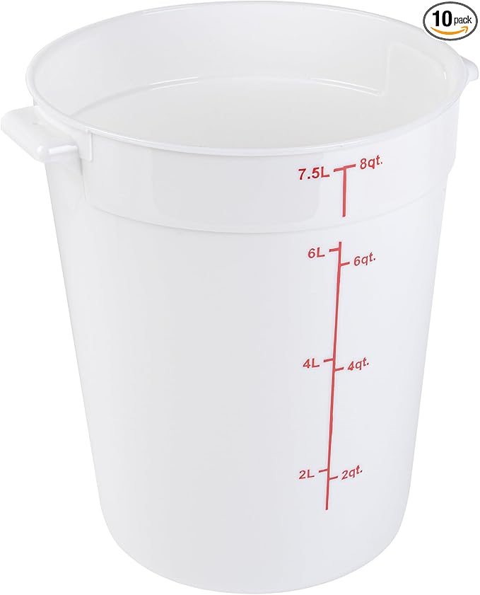 Restaurantware-Met Lux 8 Quart Food Storage Containers 10 White Storage Containers - Lids Sold Separately Red Volume Markers Dishwashable Containers Side Handles For Storing Foods