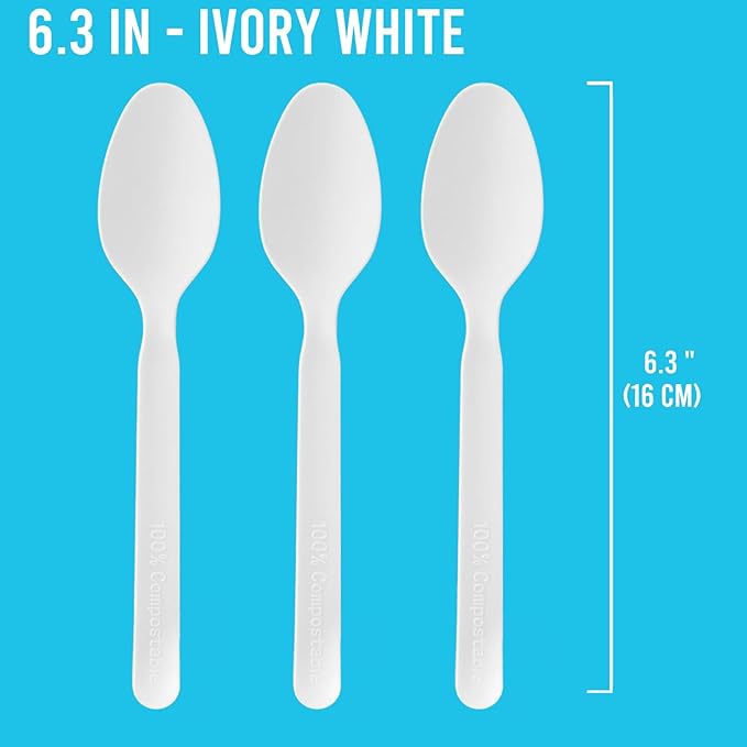 500 Count Compostable Disposable Non Plastic Spoons Large Heavy Duty Biodegradable Utensils Eco Friendly Durable Sturdy Recyclable Spoons Flatware Silverware for Party Wedding Daily Use