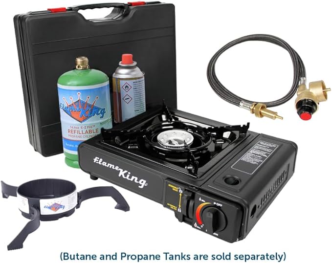 Flame King YSNVT-505-B Dual Fuel Butane &amp Propane Gas Camping Stove with Single Burner Portable and Great for Outdoor Cooking Backpacking