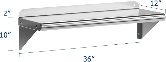 NSF Certified 12 x 36 Stainless Steel Wall Mount Shelf with Backsplash Commercial Grade 200 lb Capacity for Restaurant and Kitchens.