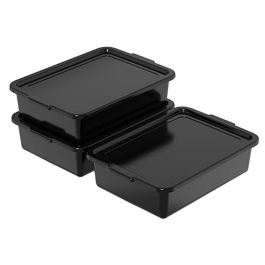 13 L Plastic Bus Box with Lid Commercial Bus Tub Black 3 Packs