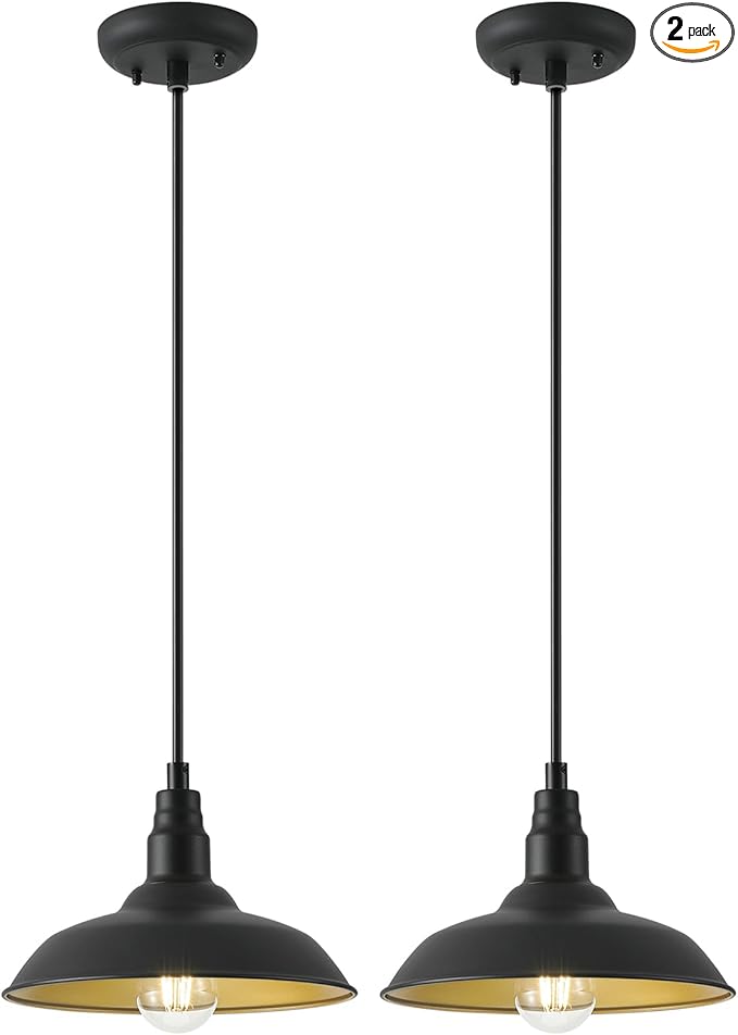 10in Dome Farmhouse Pendant Lights Black and Brass Kitchen Island Hanging Light Fixture for House Outdoor Barn Pendant Ceiling Lighting for Dinning Room Entryway Deck Adjustable Length