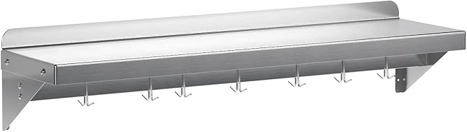 Stainless Steel Shelf Wall Mounted NSF Commercial Wall Shelf Floating Shelving for Kitchen Restaurant Home Hotel 60 x 12 Inches Flat Surface with 7 Hooks