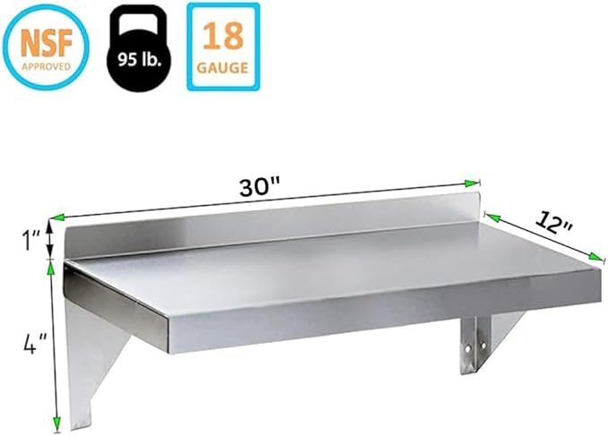 Stainless Steel Wall Shelf | Square Edge | Metal Shelving | Heavy Duty | Commercial Grade | Wall Mount | NSF Certified (12” Width x 30” Length)