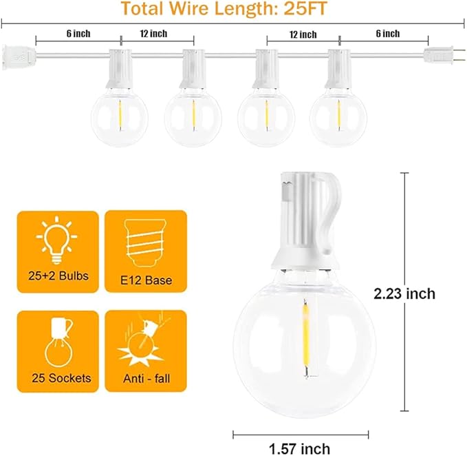 25Ft LED String Lights with 27 Shatterproof LED Clear Globe Bulbs Indoor&ampOutdoor String Lights for Patio Garden Backyard Bistro Pergola Tents Gazebo Decor White Wire