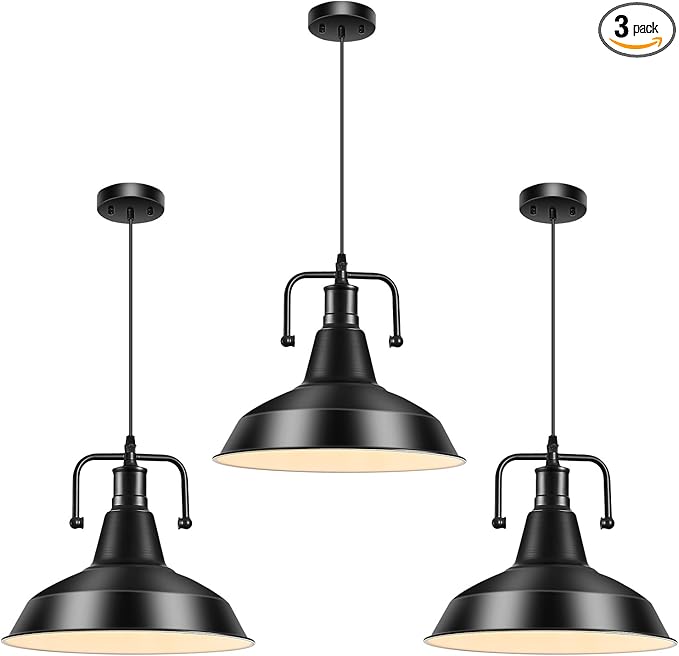 3PCS Farmhouse Pendant Light for Kitchen Island Black Pendant Lights Fixtures with Metal Shade Industrial Barn Hanging Lights for Hallway Kitchen Sink Dining Room Living Room（Bulb not Included）