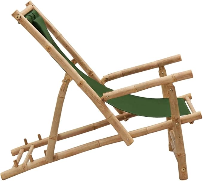 Green Bamboo Deck Chair Adjustable Recliner with Foldable Design for Patio Garden Beach Camping Sturdy Canvas Polyester Outdoor Lounge Chair for Relaxing