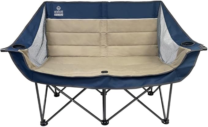 Doublewide Padded Sofa – Portable Outdoor Camping Sofa Chair for 2 High-Loft Cushioning Dual Cup &amp Wine Holders Mesh Storage Pocket &amp Carry Bag Durable 600D Fabric Steel Frame