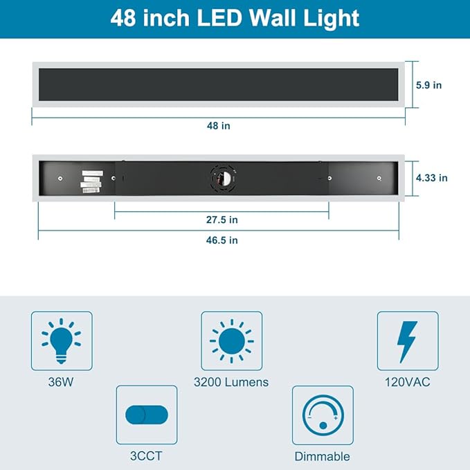 2-Pack 48inch Modern Outdoor LED Long Wall Light Fixture Exterior Wall Sconce Long Strip Wall Lamps IP65 Waterproof 36W 3200LM Black 3000K/4000K/5000K Adjustable Dimmable ETL