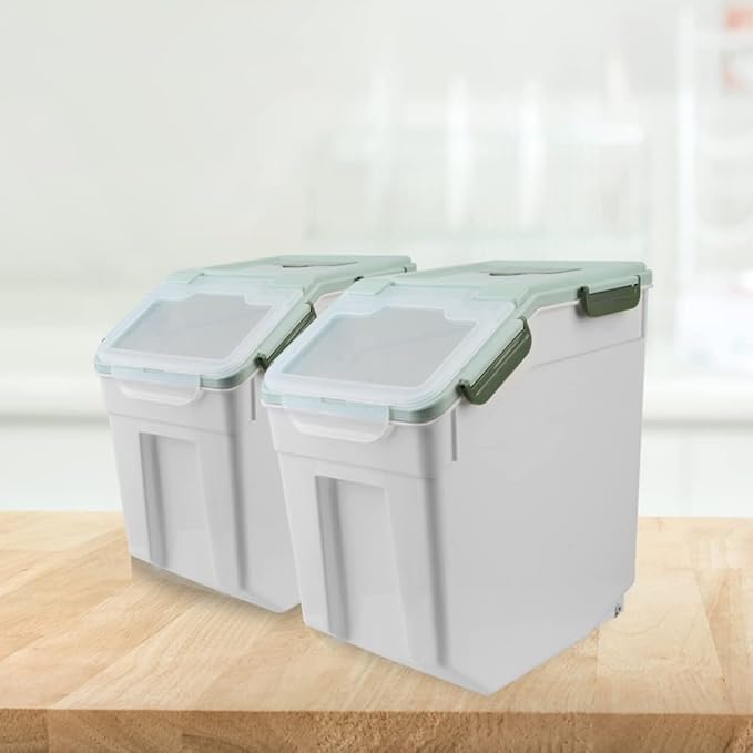 2 Pack Rice Storage Container with Measuring Cup 50 lb Flour Storage Container with Wheels BPA Free Food Storage Container Dog Cat Food Bin Set for Dry Food Sugar Cereal(Green)