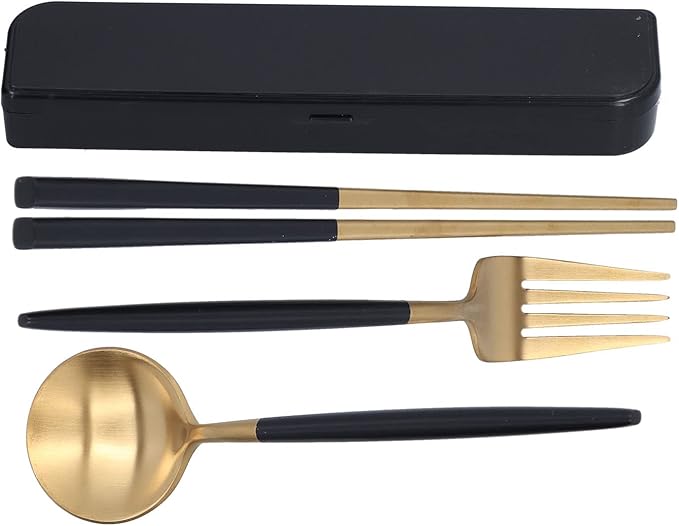 3Pcs Portable Travel Utensils Set Stainless Steel Spoon Fork Chopsticks Dishwasher Safe Cutlery with Anti Shake Groove Compact Kitchen Flatware for School Camping Office (Black gold (black storage