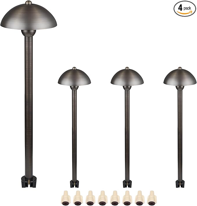 DOSHINE® Solid Brass Low Voltage Landscape Lighting Pathway Lights (6.5 Shade 22 Tall) with Replaceable 3W G4 LED Bulb 3000K AC/DC 12V and Ground Stake for Outdoor Walkway Driveway (MUS 4-Pack)
