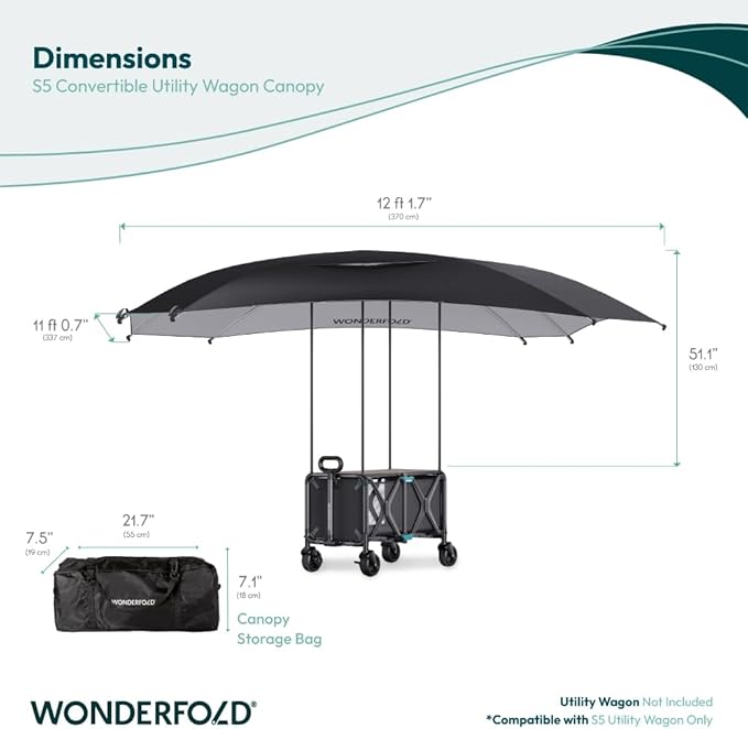 WONDERFOLD Sun Shade Canopy for S5 Convertible Utility Wagon - Large Umbrella with Sturdy Attachment &amp Plenty of Shade Around Your Utility Cart Black