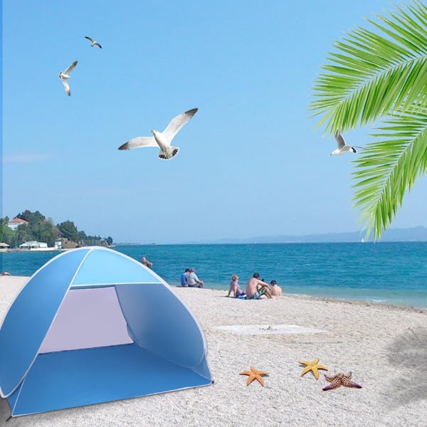 2-3 Person Beach Tent Pop Up Sun Shelter Automatic Shade Canopy with UV Protection Waterproof Portable Lightweight Fishing Camping Hiking Outdoor Tent for Beach Park Lake Blue