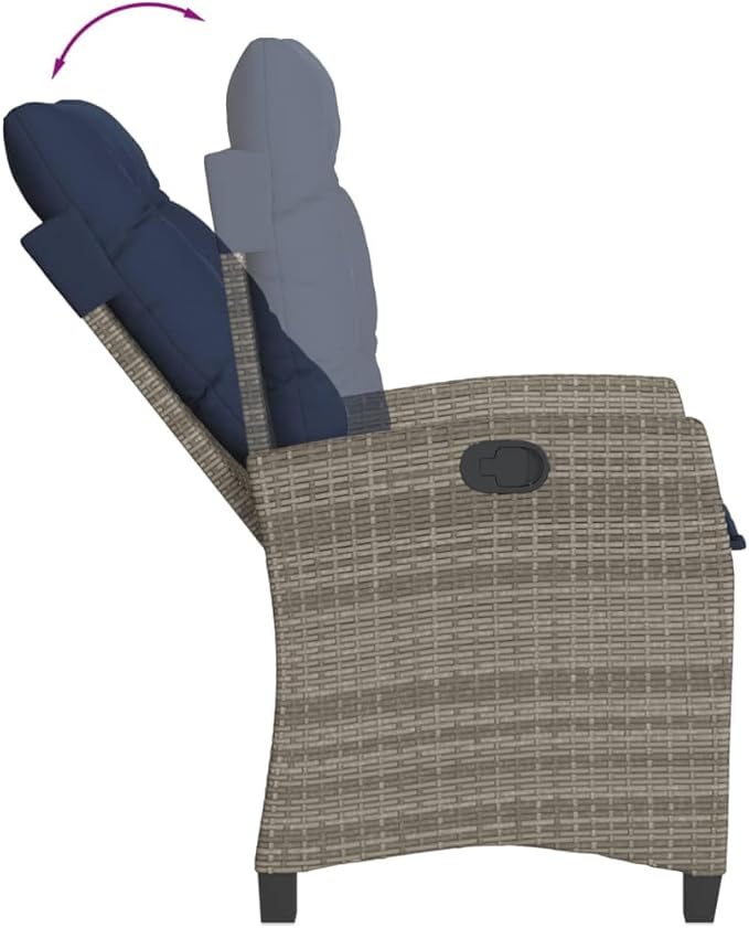 2-Piece Reclining Garden Chair Set with Adjustable Armrests Grey Poly Rattan and Navy Blue Cushions for Patio Outdoor Lounge Furniture with Durable Weather-Resistant