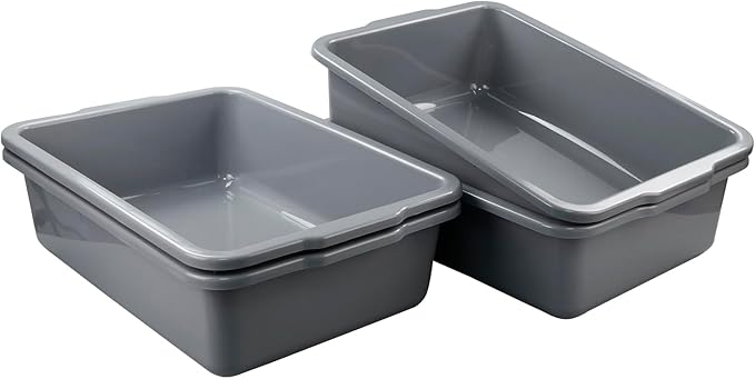 Zopnny 4 Pack Commercial Bus Tubs Food Grade Meat Processing Tubs Lug 7 Grey Plastic Dish Tub/Wash Basin/Tote Box for Dishwashing Kitchen Restaurant Utility (35 L)