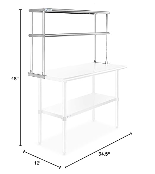 GRIDMANN NSF Stainless Steel Commercial 2 Tier Double Overshelf 48 in. x 12 in. for Kitchen Prep &amp Work Table