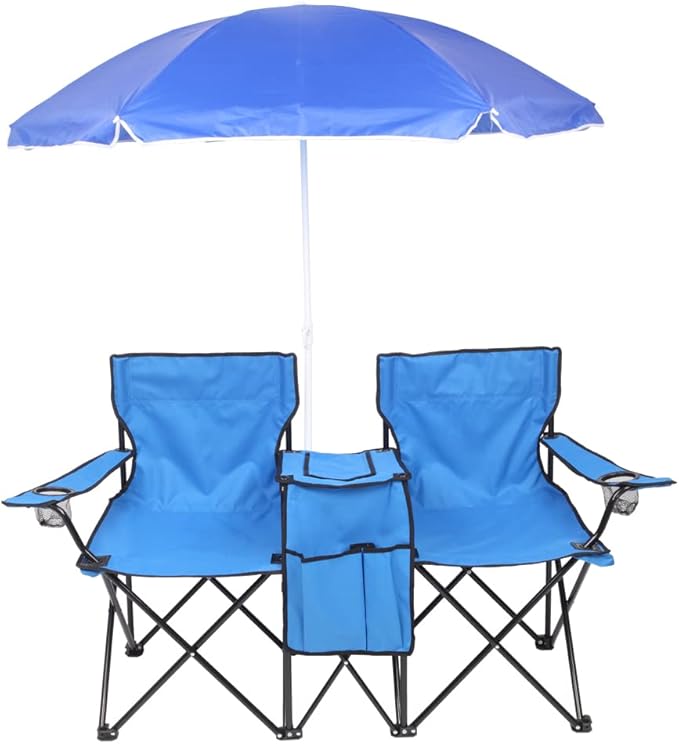 Portable 2 Seat Folding Camp ChairDouble Camping Chairs with Umbrella with Cooler Bag Beverage Holder Carrying Bag Foldable Lawn Chair for Outside Picnic Beach (Blue)