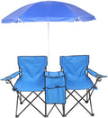 Portable 2 Seat Folding Camp ChairDouble Camping Chairs with Umbrella with Cooler Bag Beverage Holder Carrying Bag Foldable Lawn Chair for Outside Picnic Beach (Blue)