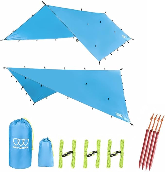 Gold Armour Rainfly Tarp Hammock Premium 14.7ft/12ft/10ft/8ft Rain Fly Cover Waterproof Ultralight Camping Shelter Canopy Survival Equipment Gear Camping Tent Accessories (Sky Blue 14.7ft x 12ft)