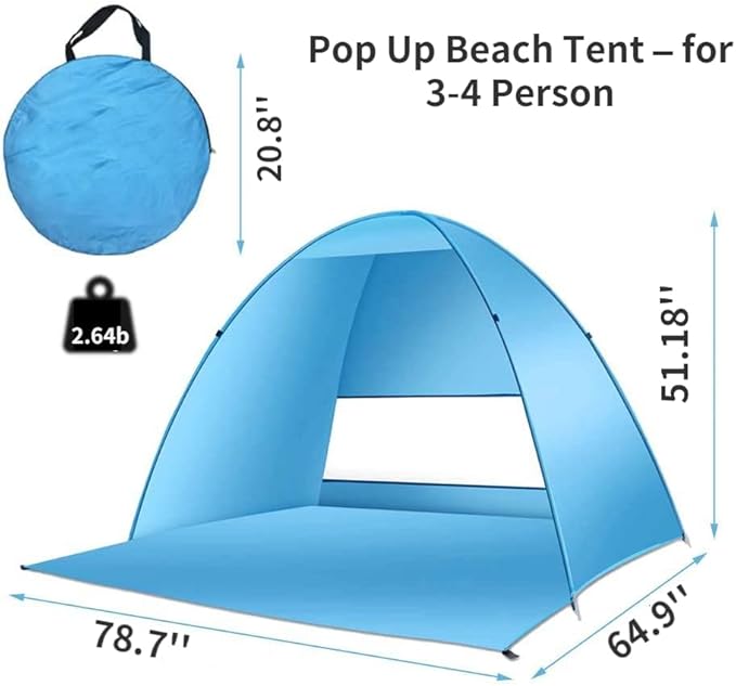 Pop Up Beach Tent – for 3-4 Person UPF 50+ UV Sun Protection Beach Shade Pop Up Sun Shelter with Carry Bag and Tent Stakes for Beach Park Camping (X-Large)