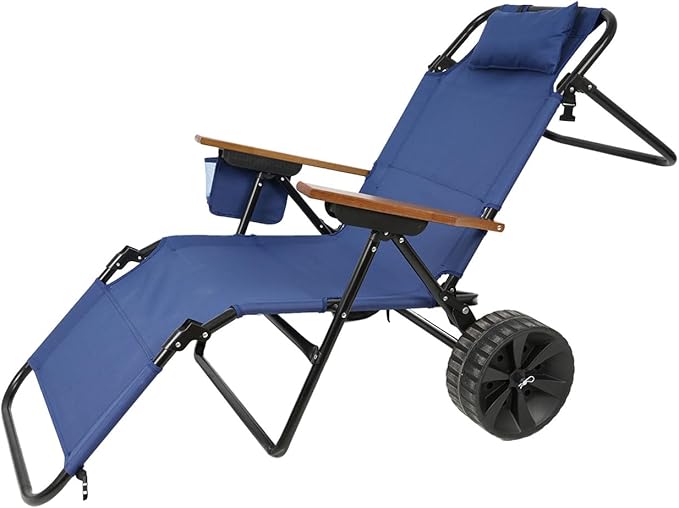 Beach Chair Cart with Wheels 2 in 1 Foldable Beach Lounge Chair Buggy Cart Large Wheels for Pool Backyard Sunbathing Picnic (Dark Blue)