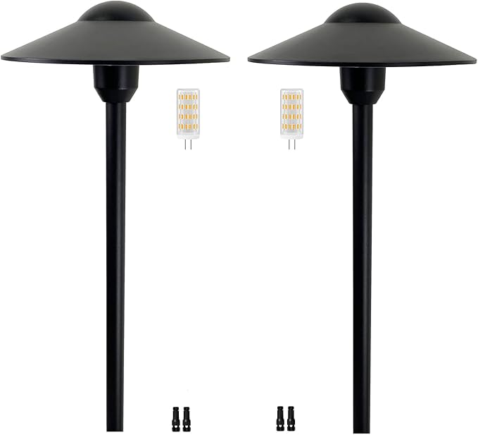 Low Voltage Pathway LightsCast Aluminum Landscape Lighting Path Light Garden Driveway Walkway Lighting 12-24V Replaceable G4 LED Bulb Wire Connectors Included 2-Pack Black Finish Round Hat