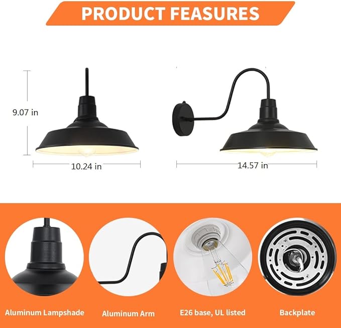 Outdoor Wall Lights Dusk to Dawn Exterior Farmhouse Gooseneck Outdoor Light Fixture Anti-Rust Waterproof Barn Lights Vintage Black Outside Wall Mount Light Fixture for Front Porch Entryway Garage