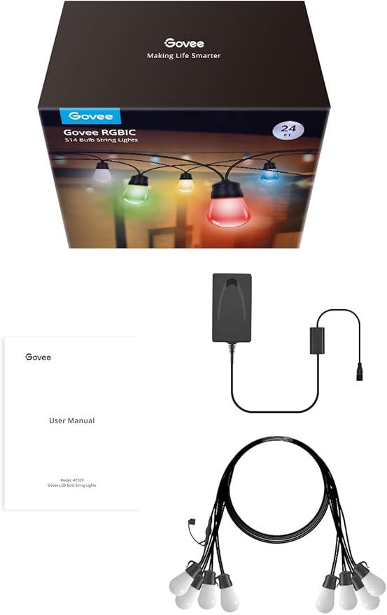 Govee Smart Outdoor String Lights H7029 24ft RGBIC Outdoor Lights with 8 Dimmable LED Bulbs IP65 Waterproof Color Changing Warm White Lights with 47 Scene Modes for Patio Backyard App Control