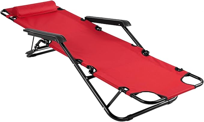Reclining Camping Chair Portable Dual Purposes Extendable Folding Reclining Chair4 Adjustable Positions Patio Beach Chair for AdultsLawn Lounge Chairswith Headrestfor Garden Pool Sports (Red)