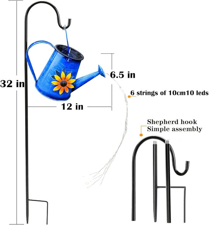 Blue Solar Watering Can with LightSolar Powered Waterfall Lights 1 Pack 60 LED(Includes Shepherd Hook) for GardenYard Path Christmas Holiday Decoration