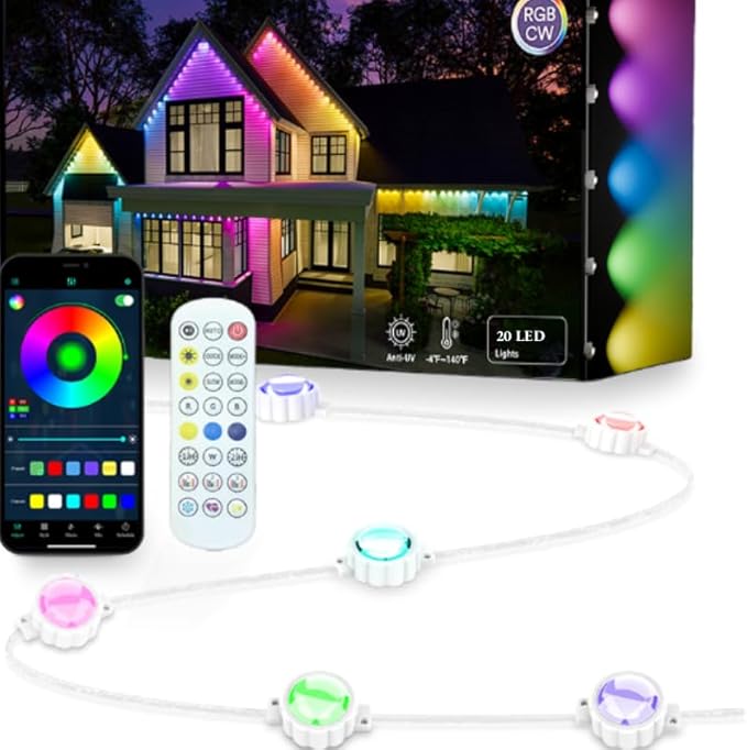 Permanent Outdoor LightsSmart Outdoor Christmas Lights with IC+RGB 20 LED IP67 Waterproof Eaves Lighting with 213 Modes for HolidayParty Daily APP/Remote Control