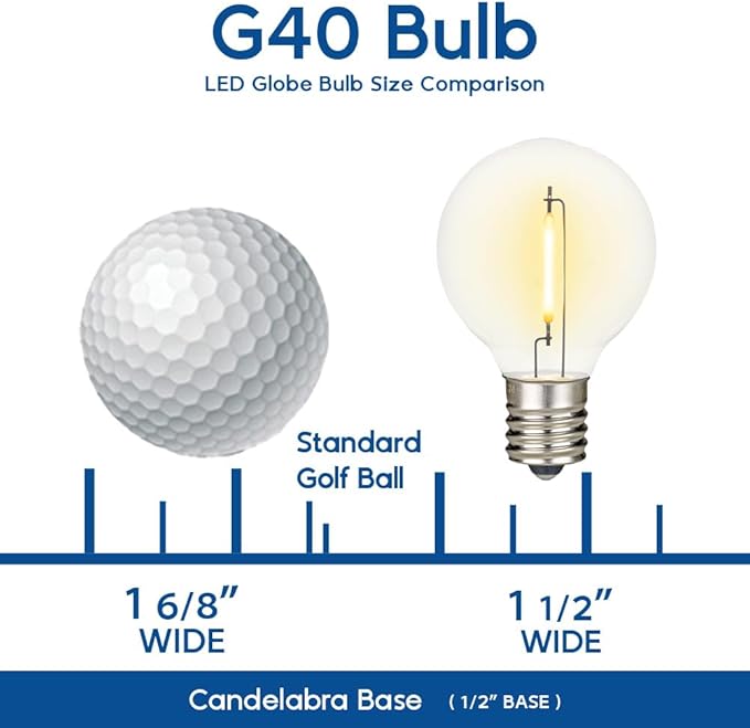 Novelty Lights 25 Pack Warm White G40 LED Filament String Light Bulbs E12/C7 Candelabra Base 5 Watt Equivalent Shatterproof Replacement Bulbs for Patios Canopy Lighting