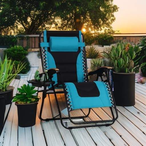 PHI VILLA XXL Oversized Padded Zero Gravity Chair Foldable Patio Recliner 30 Wide Seat Anti Gravity Lounger with Cup Holder Support 400 LBS (Aqua)