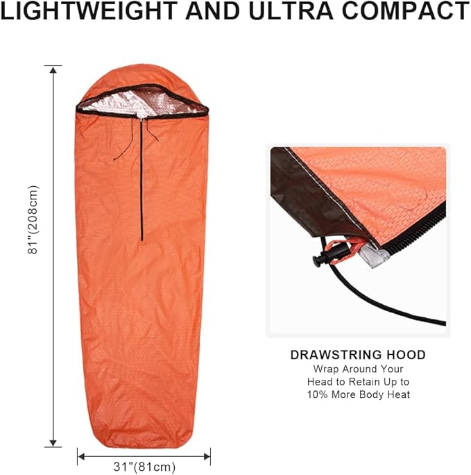Emergency Sleeping Bag Thermal Bivvy Lightweight Survival Sleeping Bags Thermal Bivy Sack Portable Compact Waterproof Reusable for Camping Hiking Outdoor Activities