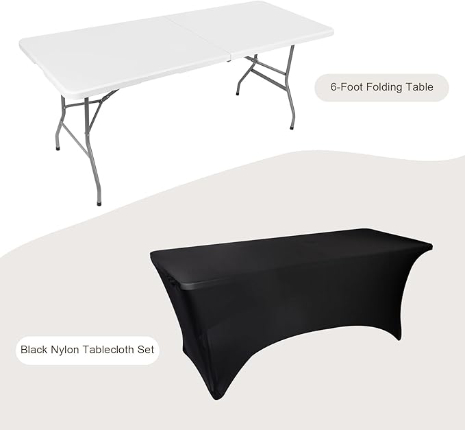 6ft Folding Table Portable Heavy Duty Plastic Utility Foldable Table Indoor Outdoor for Camping Party with Handle Lock - White (6 FT &amp Tablecloth)