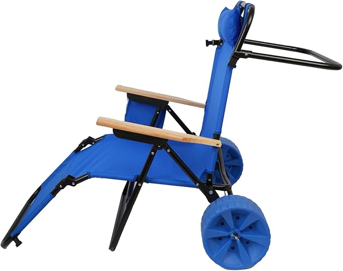 Beach Chair Cart with Wheels 2 in 1 Foldable Beach Lounge Chair Buggy Cart Large Wheels for Pool Backyard Sunbathing Picnic (Light Blue)