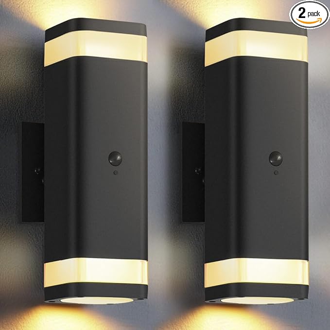 SHIMR Motion Sensor Outdoor Wall Lights 2 Pack Modern Dusk to Dawn Up Down Sconce with 3 Modes WaterprExterior Lighting Fixtures for Porch Garage Patio 3000K LED Bulb Included Black Finish