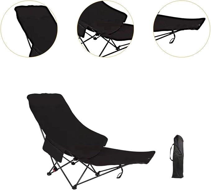 Folding Lounge Chair Recliner with Carry Bag 3 Gear Adjustable Angle Lounger Reclining Chair for Park Pool Picnic Lawn Black