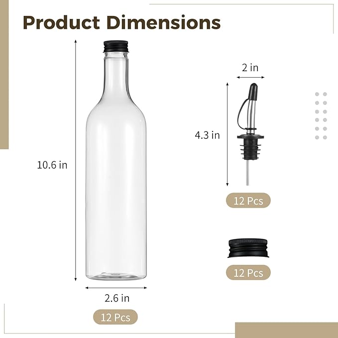 Lnrueg 12 Pcs 25 oz Plastic Liquor Bottles with Aluminum Lids and Stainless Steel Pourer - Clear Plastic Wine Bottle PET Long Neck Refillable Bar Bottles for Home Bar Beverages