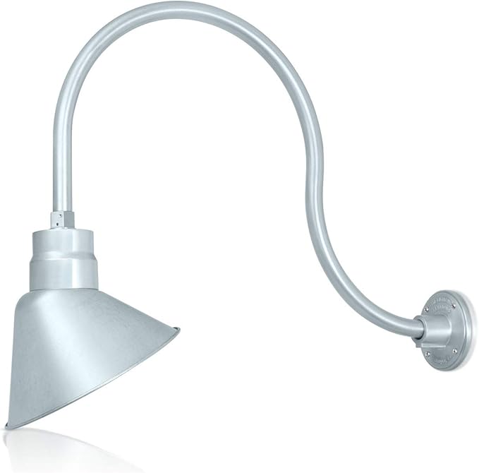10in. Galvanized Finish Angle Shade Gooseneck Sign Light Fixture With 24in. Long Extension Arm - Wall Sconce Farmhouse Vintage Antique Style - UL Listed - 9W 900lm A19 LED Bulb (5000K Cool White)