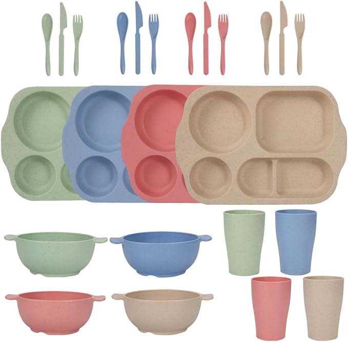 24 Pcs Wheat Straw Dinnerware Cutlery SetsUnbreakable Divided Plates Bowls Cups Spoon Knife Fork for 4 PeopleMicrowave Dishwasher Safe Tableware Cutlery for Party and Daily UseMix Color 3