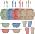 24 Pcs Wheat Straw Dinnerware Cutlery SetsUnbreakable Divided Plates Bowls Cups Spoon Knife Fork for 4 PeopleMicrowave Dishwasher Safe Tableware Cutlery for Party and Daily UseMix Color 3