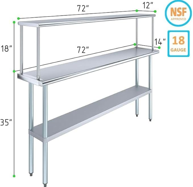 Stainless Steel Work Table with Wide Single Tier Overshelf | Metal Kitchen Prep Table &amp Shelving Combo (14 x 72 Work Table + 12 Overshelf)
