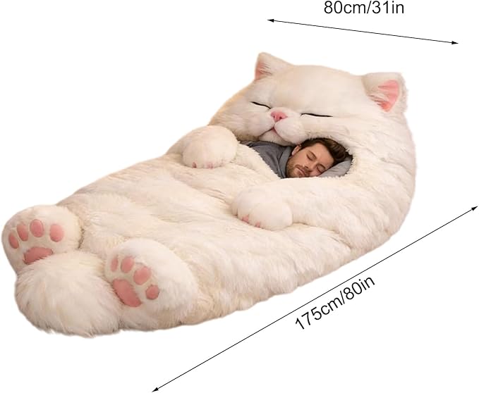 Plush Cat Print Envelope Sleeping Bag | 175x80cm Indoor Wearable Cat Sleeping Bags for Adult | Cute Animal Shaped Blanket| Winter Plush Sleep Sack