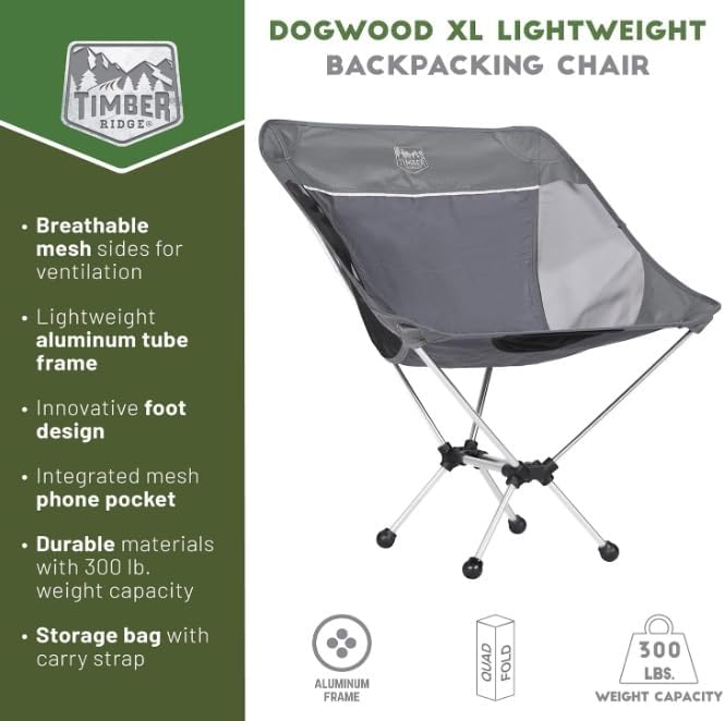 Timber Ridge Lightweight Highback Compact Folding Chair - Portable Comfort for Day Hikes Beach Trips &amp Camping 300 lbs Support